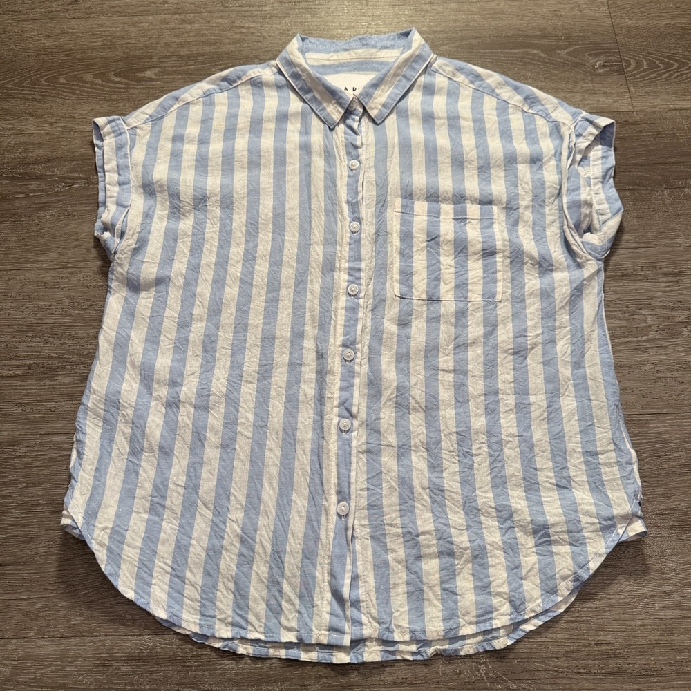 LOLA RIVER Shirt Women Medium Blue White Stripe Linen Blend Summer Coastal Beach